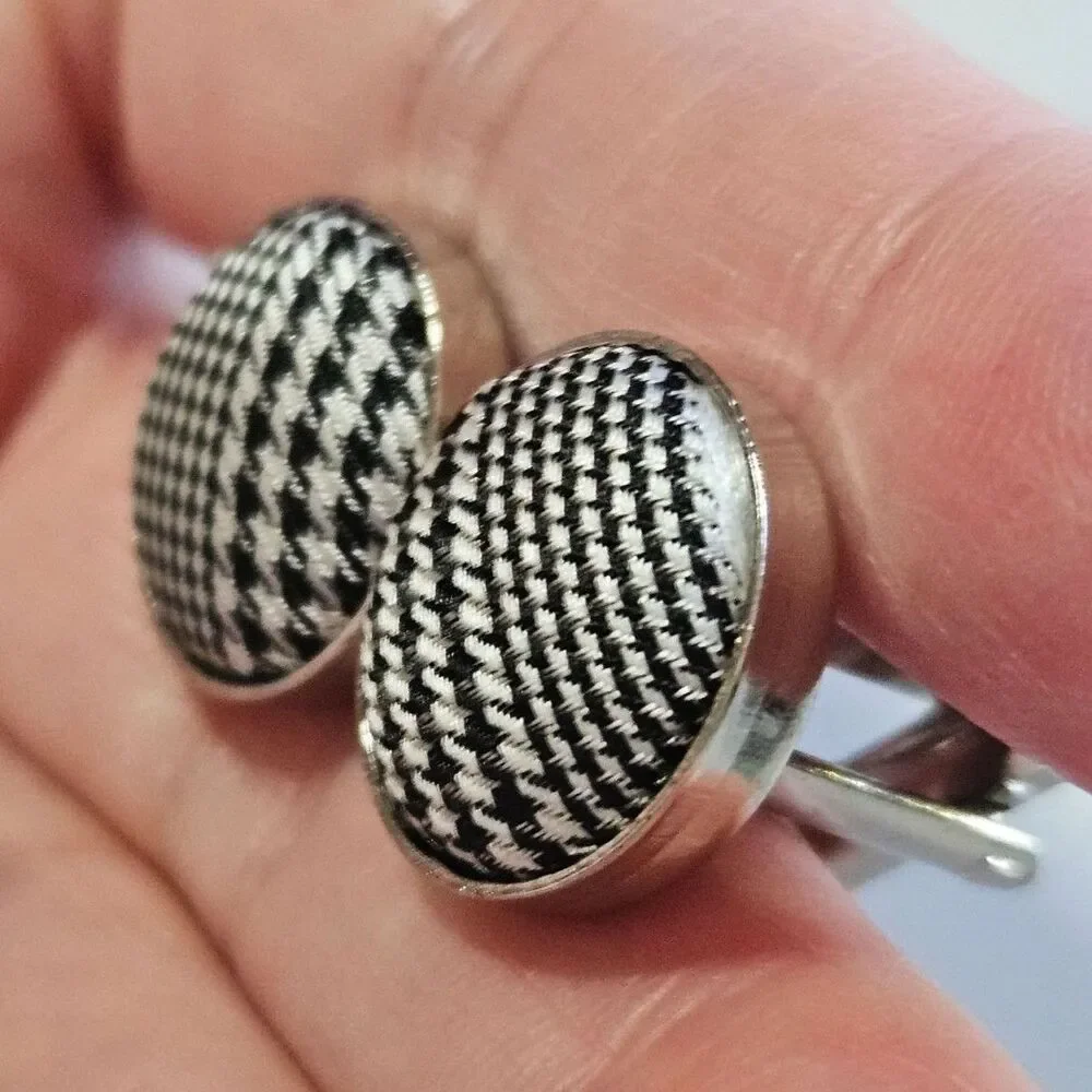 Men's Black and White Checkered Fabric Cufflinks Vintage Silver Tone